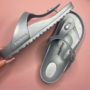 Silver T-strap Birkenstock Sandals